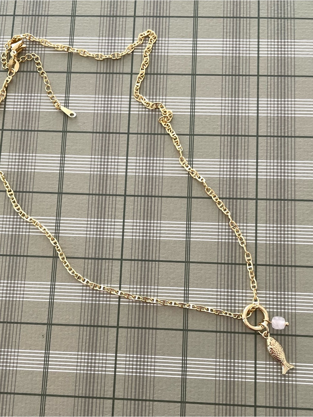 14K Gold Plated Fish Charm Necklace with Rose Quartz Gem
